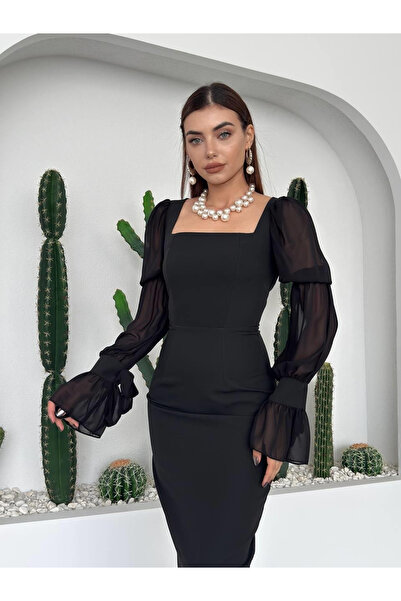 Clothes Fast فستان نسائي أسود متوسط الطول بياقة مربعة وأكمام بالون من الشيفون...