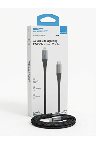 ACL Aura Akse 3A USB-C to Lightning 27W Örgülü LED Tasarımlı 1.2M Hızlı Şarj ...