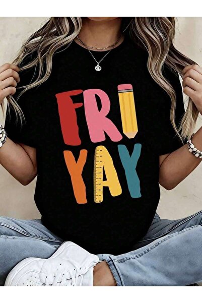 LİNA06 تي شيرت FRIYAY Teacher Funny Friday للنساء بتصميم ملون على شكل قلم رصا...