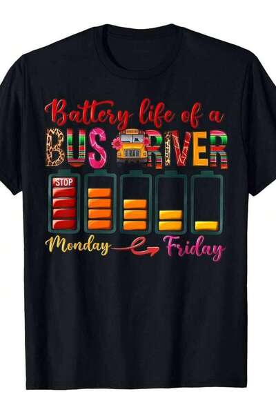 9JY تي شيرت بطبعة "Battery Life Of A Driver" - تصميم سائق حافلة بأسلوب ريترو،...