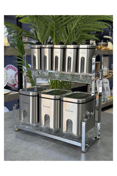 Doğudeko İnox Collection 9 Piece Spice Set with Metal Glass Stand Silver