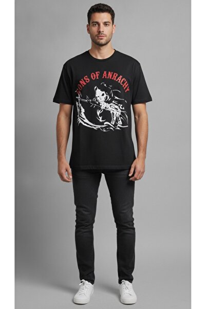 Sons of Anarchy Baskılı Siyah Oversize Tişört – Ön ve Arka Baskılı %100 Pamuk