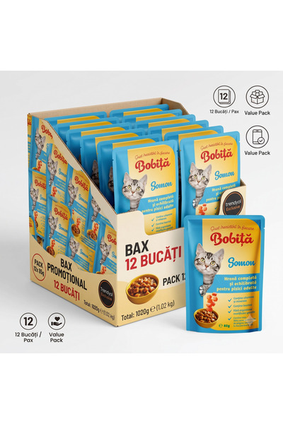 Bobita Hrană umedă completă pentru pisici adulte Bobiță cu somon în sos, 12 x...