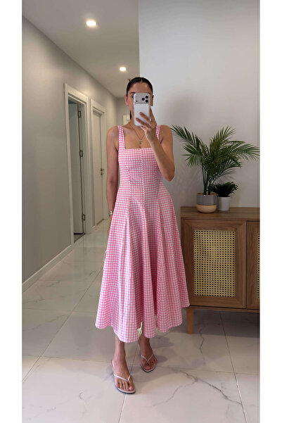 BİRCANÇİL Selda Pembe Pötikareli Kolsuz Elbise