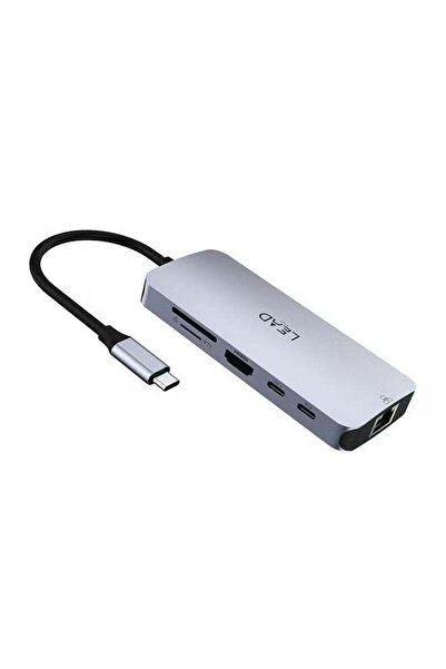 LEAD محول USB C متعدد المنافذ 9 في 1 (LHB09) - منفذ HDMI بدقة 4K، 3 منافذ USB، قارئ بطاقات SD/TF، إيثرنت، شحن PD بقوة 100 واط - رمادي