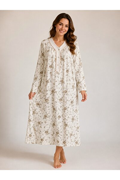 Alize Moda Floral Patterned, Long Sleeve, 100% Cotton Women's Nightgown