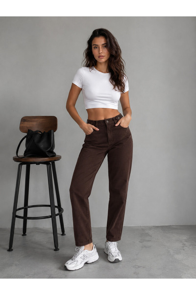KENE JEANS Brown Linen Belt-Buckle Mom Pants