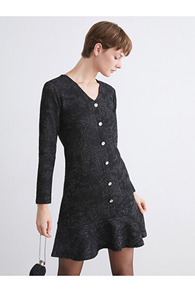 LC Waikiki V Neck Shiny Look Frilled Tweed Mini Dress