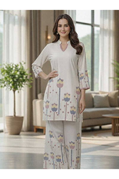 MYSMAR Off-White Floral Printed Cotton Tunic Co-Ord Set - RMD9363-Off-White-R...