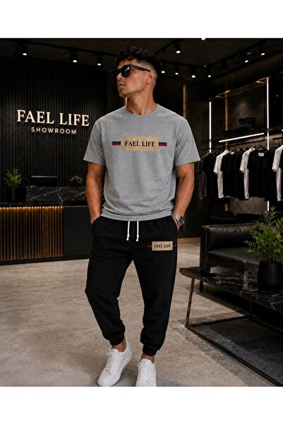 FAEL LİFE Unisex Wide Cut T-Shirt and Trackpants Striped Printed Set