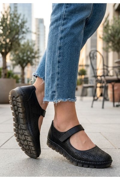 rimex sport wear Sina Black Genuine Leather Velcro Ballerina Shoes