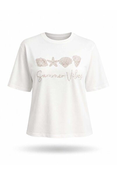 5in1Canpolat Tricou cu imprimeu Ecru Summer Vibes 18529