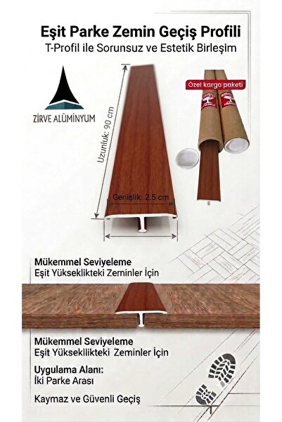 Zirve Alüminyum T Model Kapı Eşik Profili PVC Maun Kızıl Kaplama 2,5 cm x 90 ...