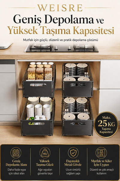Weisre Raylı Mutfak Dolabı İçi Düzenleyici Çekmece Sepet Metal Sürgülü Organizer 25 KG Taşıma Kapasitesi Geniş Kapasite