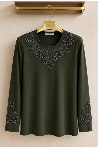 Gündoğan Women's Stone Embroidered Sleeve Luxury Combed Cotton Mother Blouse