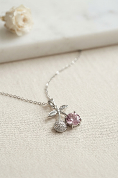 Generic Brand 316L Steel Chain Silver Color Pink Cherry Model Necklace - Lisinya