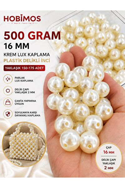 Hobimos 500 Gram 16 mm Krem Lux Kaplama Plastik Delikli İnci Boncuk - Çanta Y...