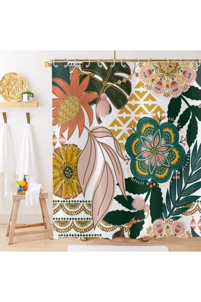 STARSTAR Boho Floral Shower Curtain, 180x180cm Abstract Bohemian Flowers & Tr...