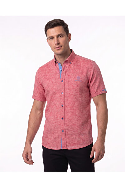 OSCAR BANKS Men's Red 100% Linen Short Sleeve Summer Shirt