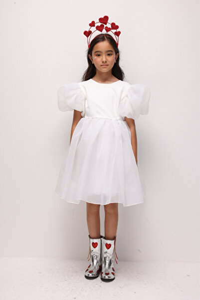 Le Mabelle Ecru Balloon Sleeve Girls' Satin Dress - Dona