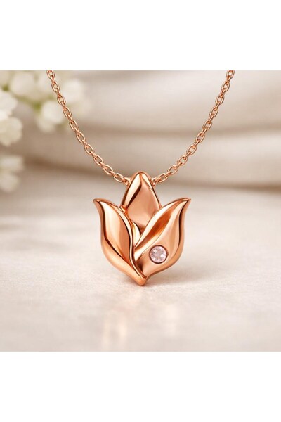 925 Ayar Gümüş Rose Gold Kaplama Soyut Çiçek Kolye | Gül Kuvars Doğal Taşlı Modern Kadın Kolyesi