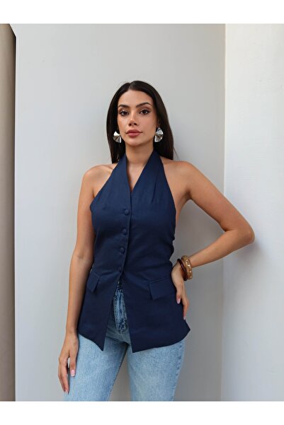 ESRAHELVACI Halter Neck Linen Vest with Pocket Appearance