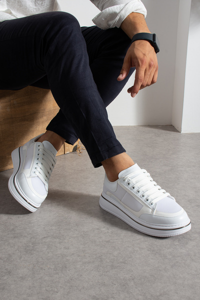 ZEU Erkek Beyaz File Detaylı Bağcıklı Hafif Ortopedik Eva Taban Casual Sneaker Spor Ayakkabı