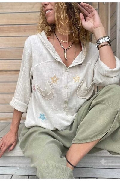 VIORA FASHION Hooded Colorful Star Embroidered Long Sleeve Pocketed Drawstrin...