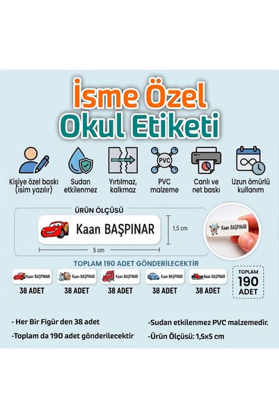 Kapbirhediye Okul Etiketi Isme Özel Kalem Defter Etiketi Sevimli Arabalar 3 Temalı 190 Adet