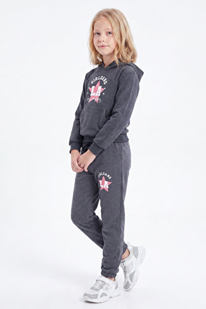 FYK KİDS Girl's Printed Kangaroo Pocket Hooded Tracksuit Set