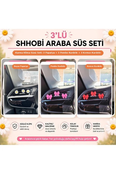 SHHOBİ 9'lu Karma Klima Süs Seti: 3 Papatya + 3 Pembe Kurdele + 3 Kırmızı Kur...