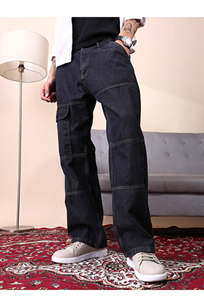 Campus Sutra By Styli Men Dark Blue Panelled-Utility Denim Jeans
