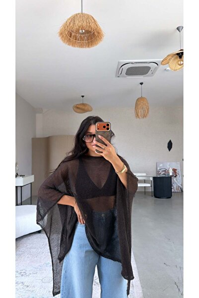 Buket Teke Brown Plain Thin Knitwear Poncho