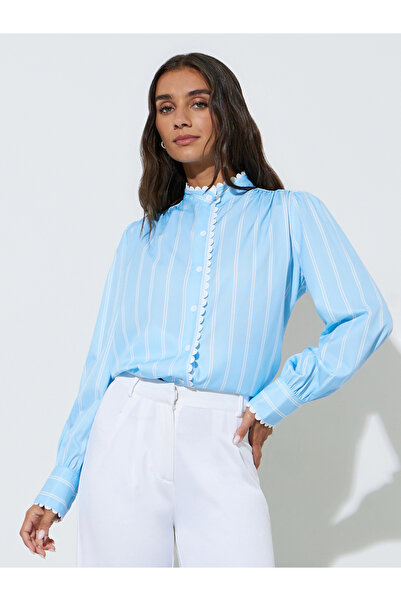 Styli Blue Pinstripe Lace Details Long Sleeves Shirt