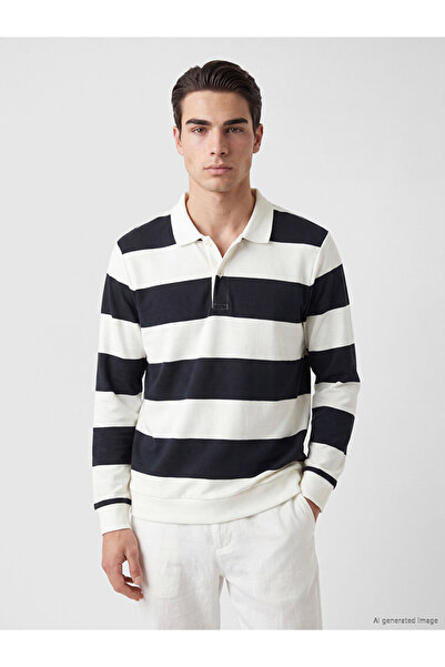 LC Waikiki Navy Blue Polo Collar Color Blocked Men's Sweatshirt