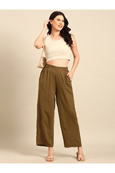 De Moza By Styli Olive Solid Wide Leg Pants