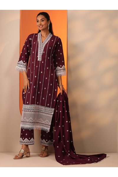 Libas By Styli Printed Silk Blend Straight Kurta, Trousers And Dupatta Set
