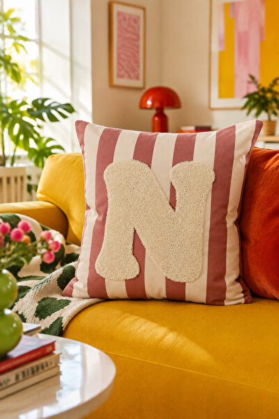 Pilloveland Punch Embroidered Throw Pillow Cover - 43*43 cm - Mocha Letter N ...