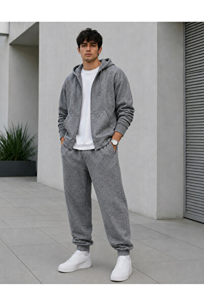 BayBayan Men's 3-Yarn Oversize Hooded Zipper Sweatshirt Cardigan Track Suit Set