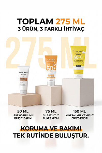 Luis Bien X Anıl Güler 3'lü Komple Set - Su Bazlı Güneş Kremi 75 ml + Çinko Oksit Mineral 150 ml + Leke Karşıtı Krem Spf 50+ Pa++++