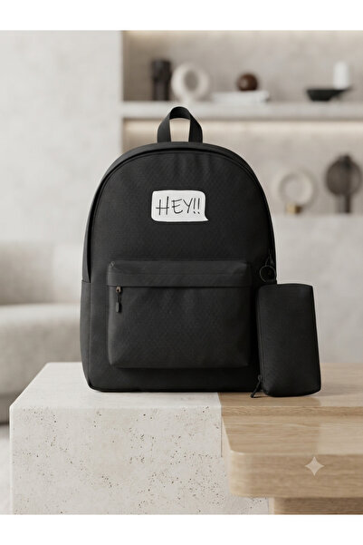 Generic Brand Minimalist Design "Hey!!" Yamalı Daily Black Backpack and Pen H...