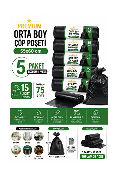 ÇAYLAR AVM Premium Orta Boy Çöp Poşeti 55x60 cm 5'li Paket 15'li Rulo Toplam ...
