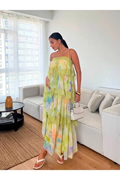 FLOWERİNG Women's Green Layered Lace Detailed Patterned Maxi Dress