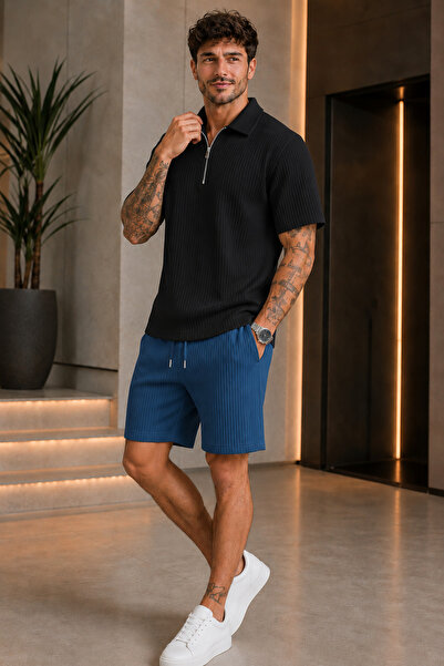 FECCY Premium Ribbed Ottoman Fabric Zipper Detailed Unisex T-Shirt and Shorts...