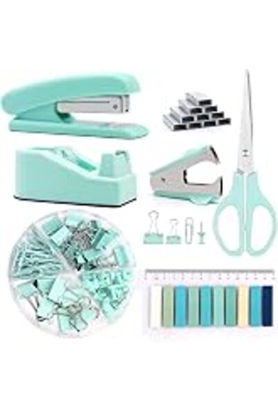 BLACK Pink Office Desk Accessories Kit for Girls and Women,12 Kinds | Stapler,Tape Dispenser, Scissors, Clips and 1000pcs Staples,Index tab ,Sticky Notes Office and School Supplies