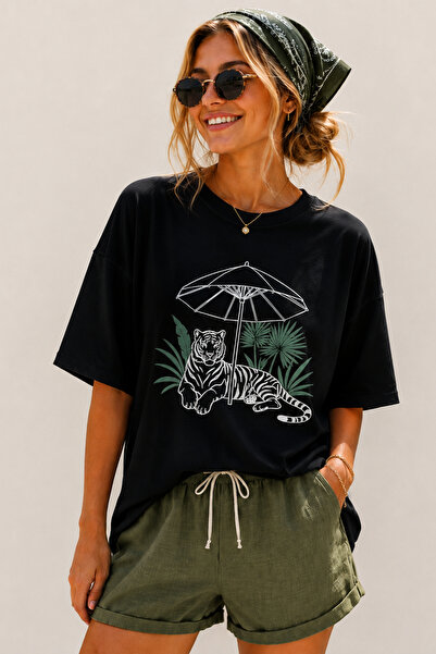 ArtYus Tiger Printed Crew Neck Casual Unisex Oversize T-Shirt - Safari Themed...