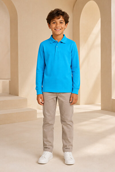 Loule Children's Unisex Turquoise Long Sleeve Polo Collar T-Shirt 100% Cotton...
