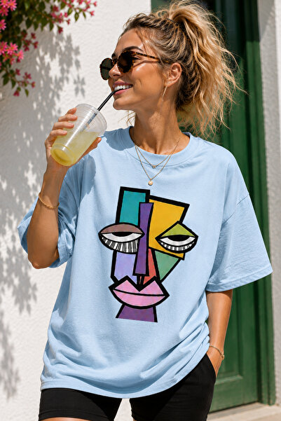 ArtYus Modern Abstract Face Print Crew Neck Casual Unisex Oversize T-Shirt - ...