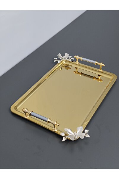 PARILTI HOME COLLECTİON Figured, Metal Handle, Stainless Steel Rectangular Tr...