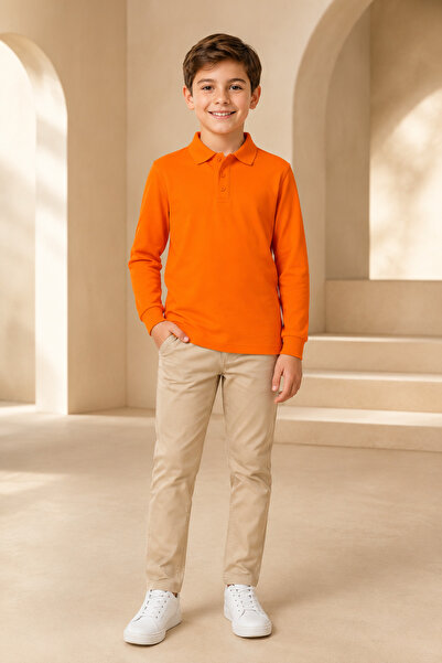 Generic Brand Children's Unisex Orange Long Sleeve Polo Collar T-Shirt 100% C...